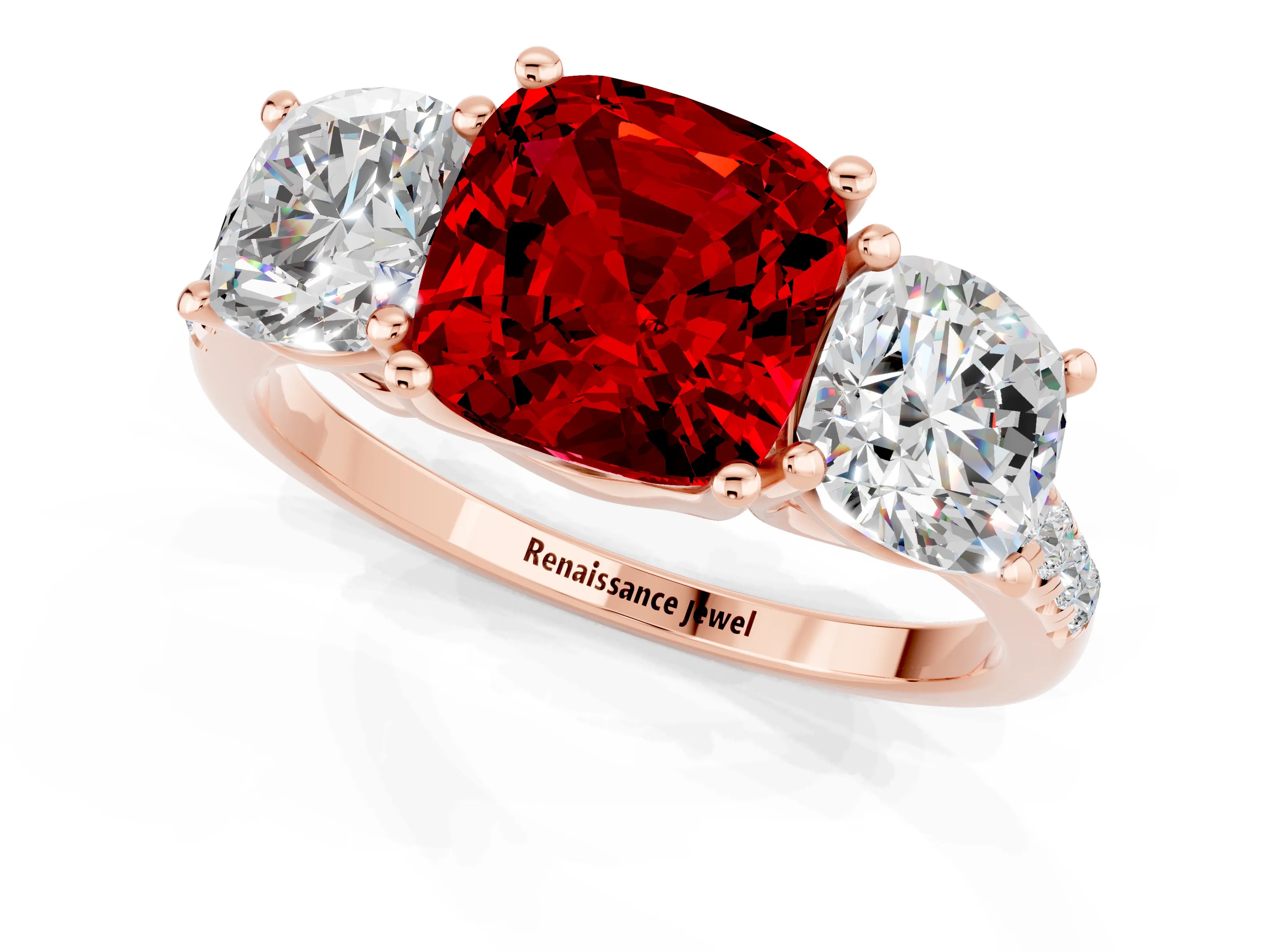 Rose gold Three-Stone Cushion Cut Ruby Ring with Pavé Band and Prong Setting_13