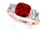 Rose gold Three-Stone Cushion Cut Ruby Ring with Pavé Band and Prong Setting_13