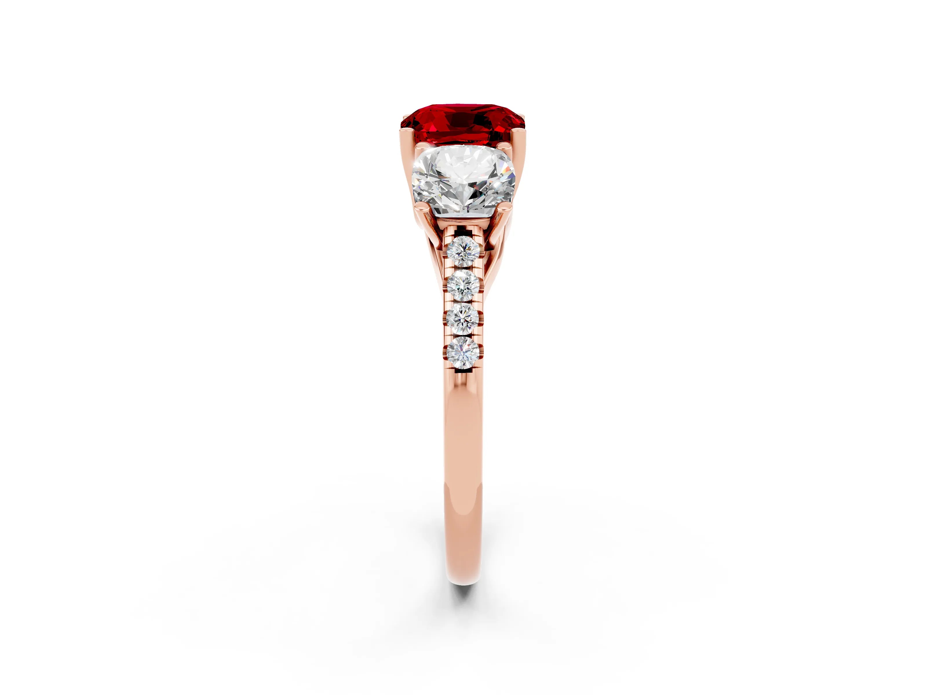 Rose gold Three-Stone Cushion Cut Ruby Ring with Pavé Band and Prong Setting_14