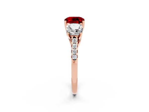 Rose gold Three-Stone Cushion Cut Ruby Ring with Round  Pavé Band and Prong Setting