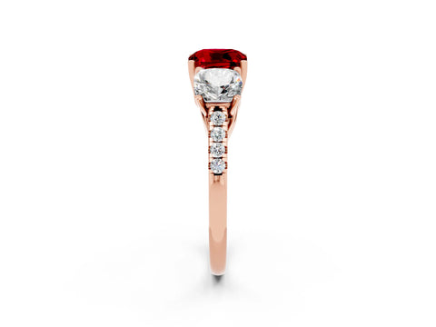 Rose gold Three-Stone Cushion Cut Ruby Ring with Pavé Band and Prong Setting_14