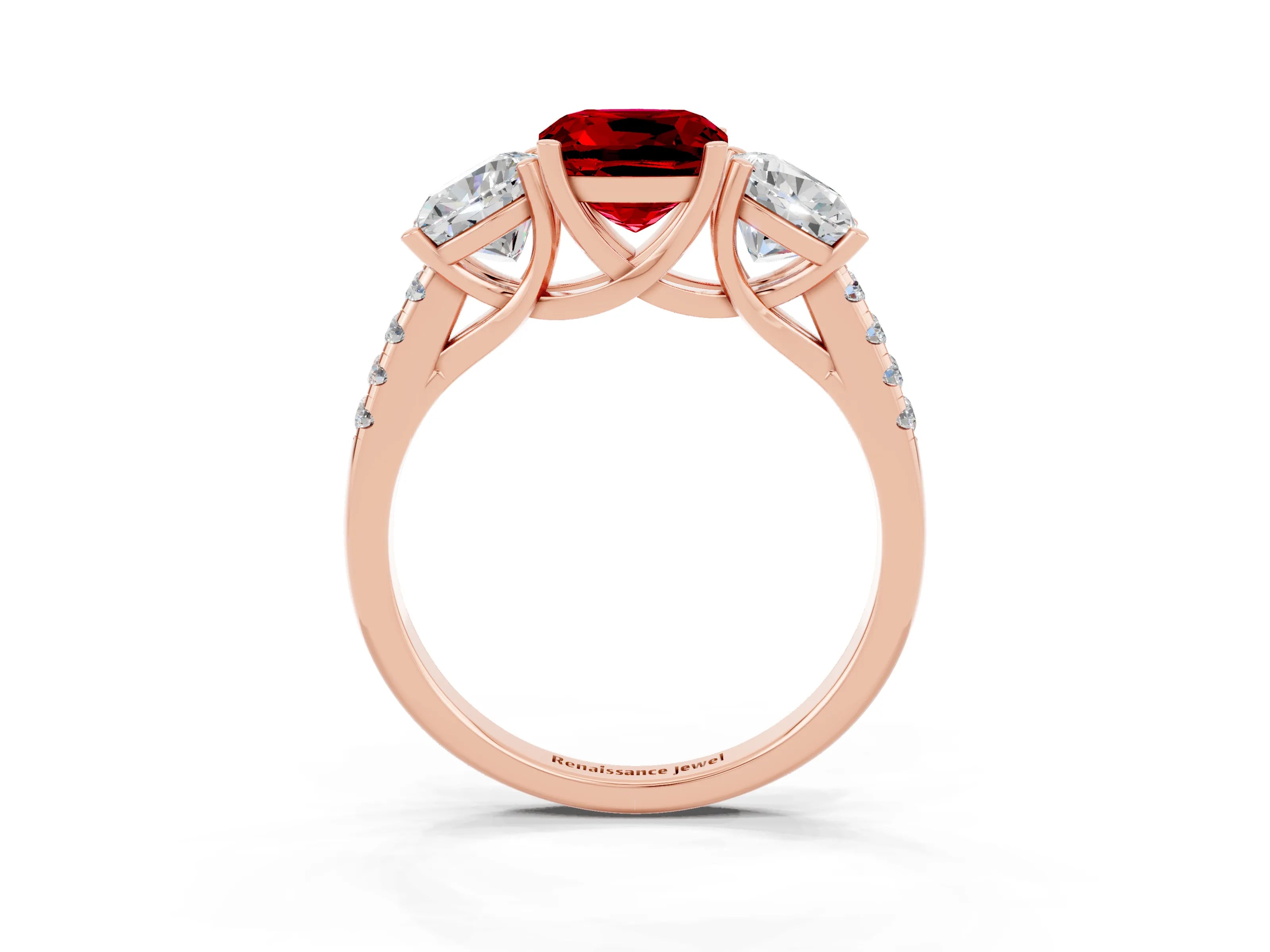 Rose gold Three-Stone Cushion Cut Ruby Ring with Pavé Band and Prong Setting_15