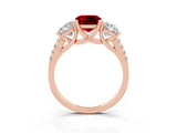Rose gold Three-Stone Cushion Cut Ruby Ring with Pavé Band and Prong Setting_15