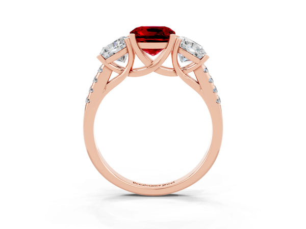 Rose gold Three-Stone Cushion Cut Ruby Ring with Round  Pavé Band and Prong Setting