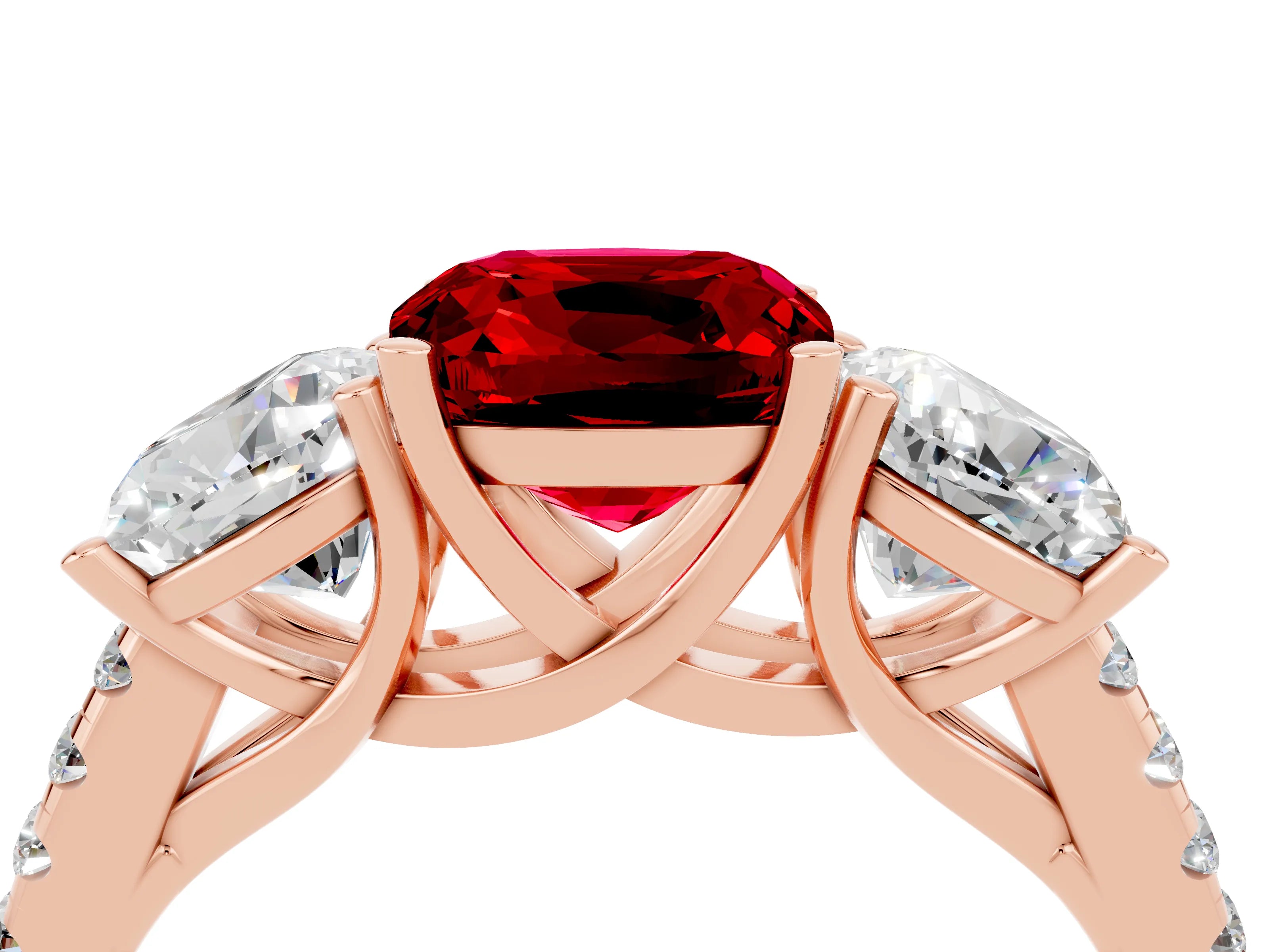 Rose gold Three-Stone Cushion Cut Ruby Ring with Pavé Band and Prong Setting_16