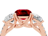 Rose gold Three-Stone Cushion Cut Ruby Ring with Pavé Band and Prong Setting_16