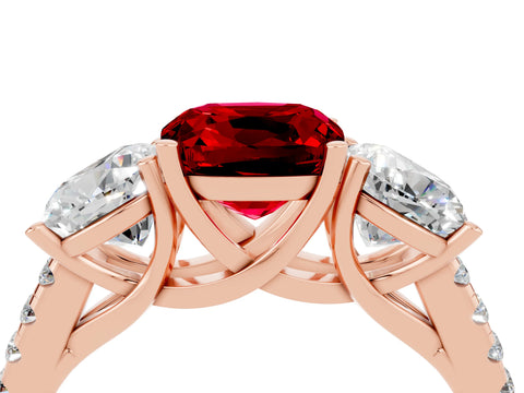 Rose gold Three-Stone Cushion Cut Ruby Ring with Pavé Band and Prong Setting_16