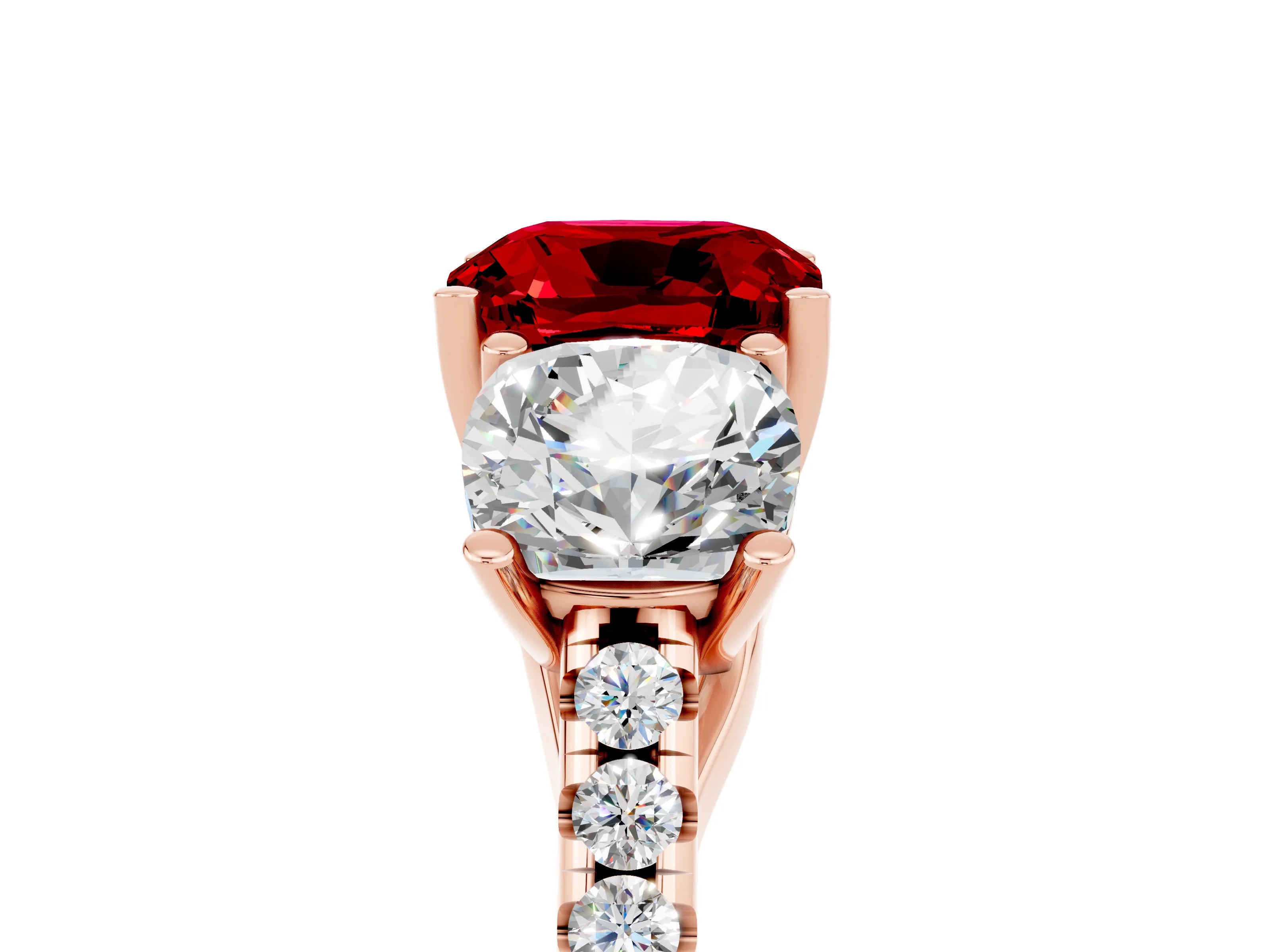 Rose gold Three-Stone Cushion Cut Ruby Ring with Pavé Band and Prong Setting_17
