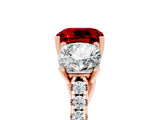Rose gold Three-Stone Cushion Cut Ruby Ring with Pavé Band and Prong Setting_17