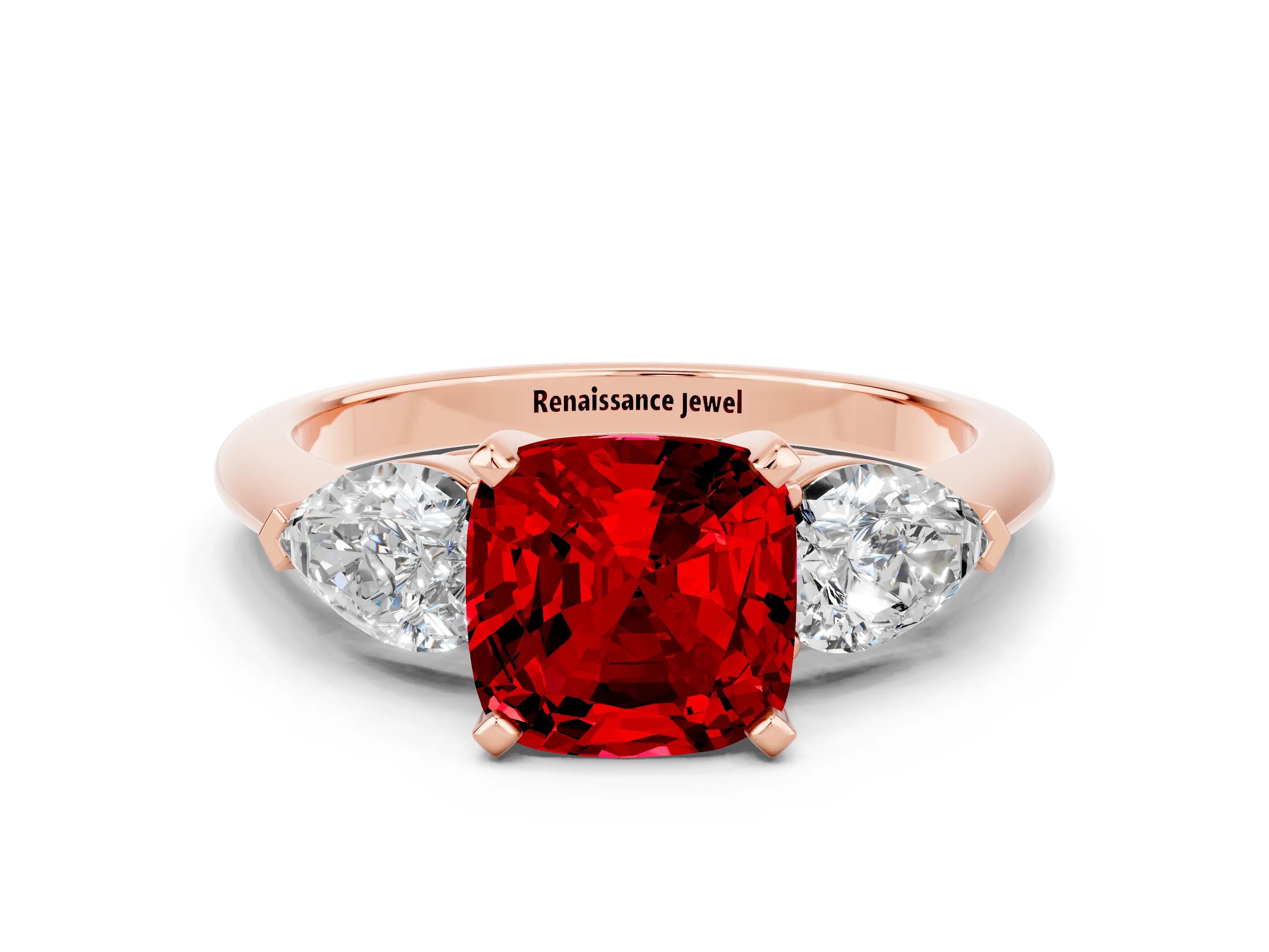 Rose gold Three-Stone Cushion Cut Ruby Ring with Pear Side Stones and Four-Prong Setting