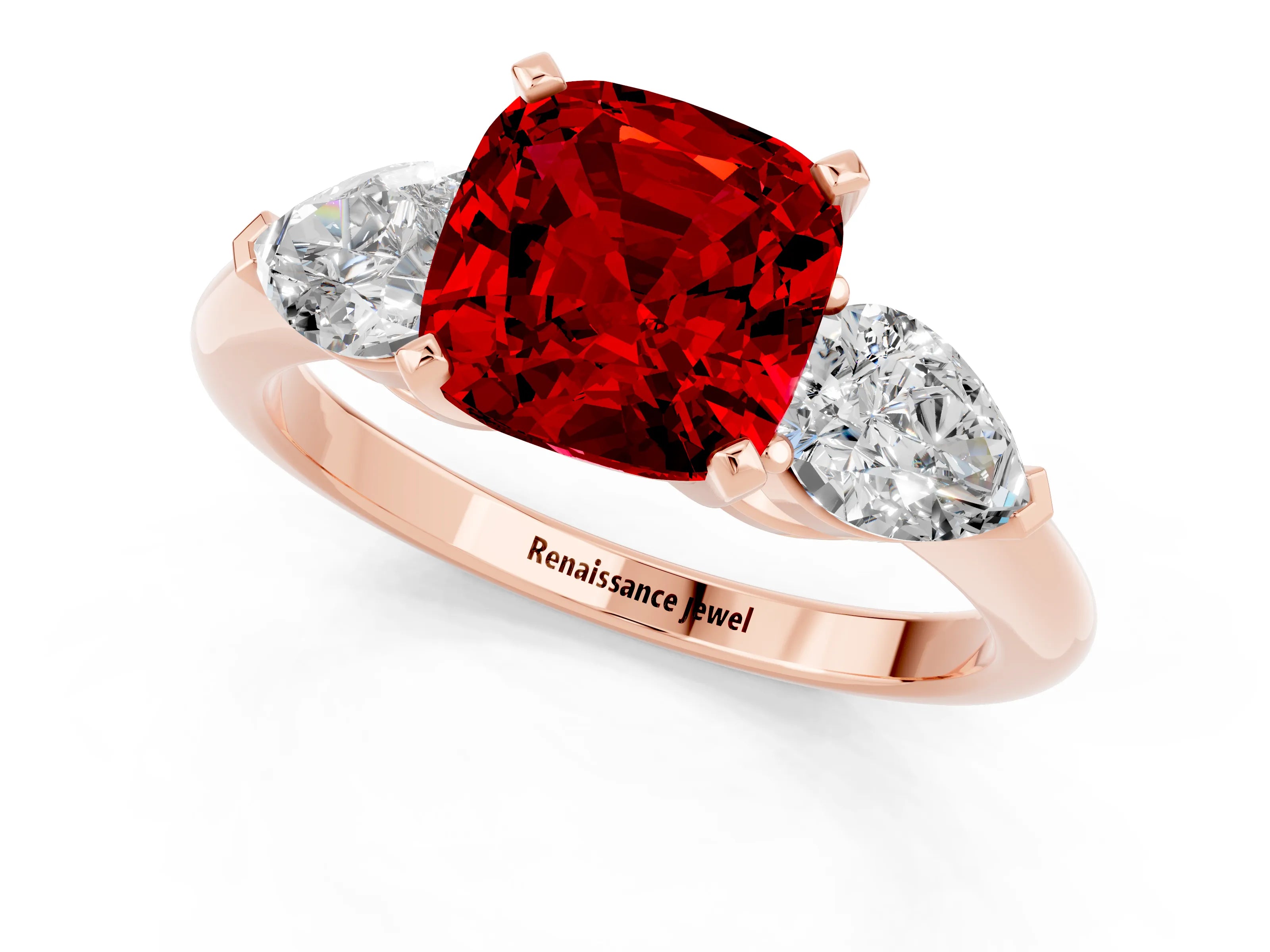 Rose gold Three-Stone Cushion Cut Ruby Ring with Pear Side Stones and Four-Prong Setting_1