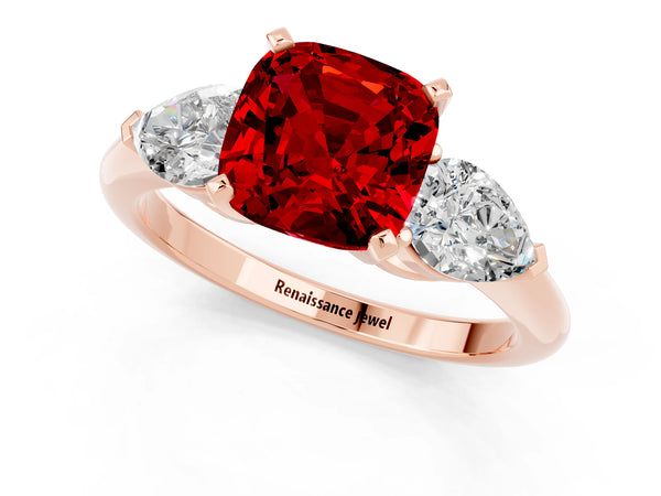 Rose gold Three-Stone Cushion Cut Ruby Ring with Pear Side Stones and Four-Prong Setting