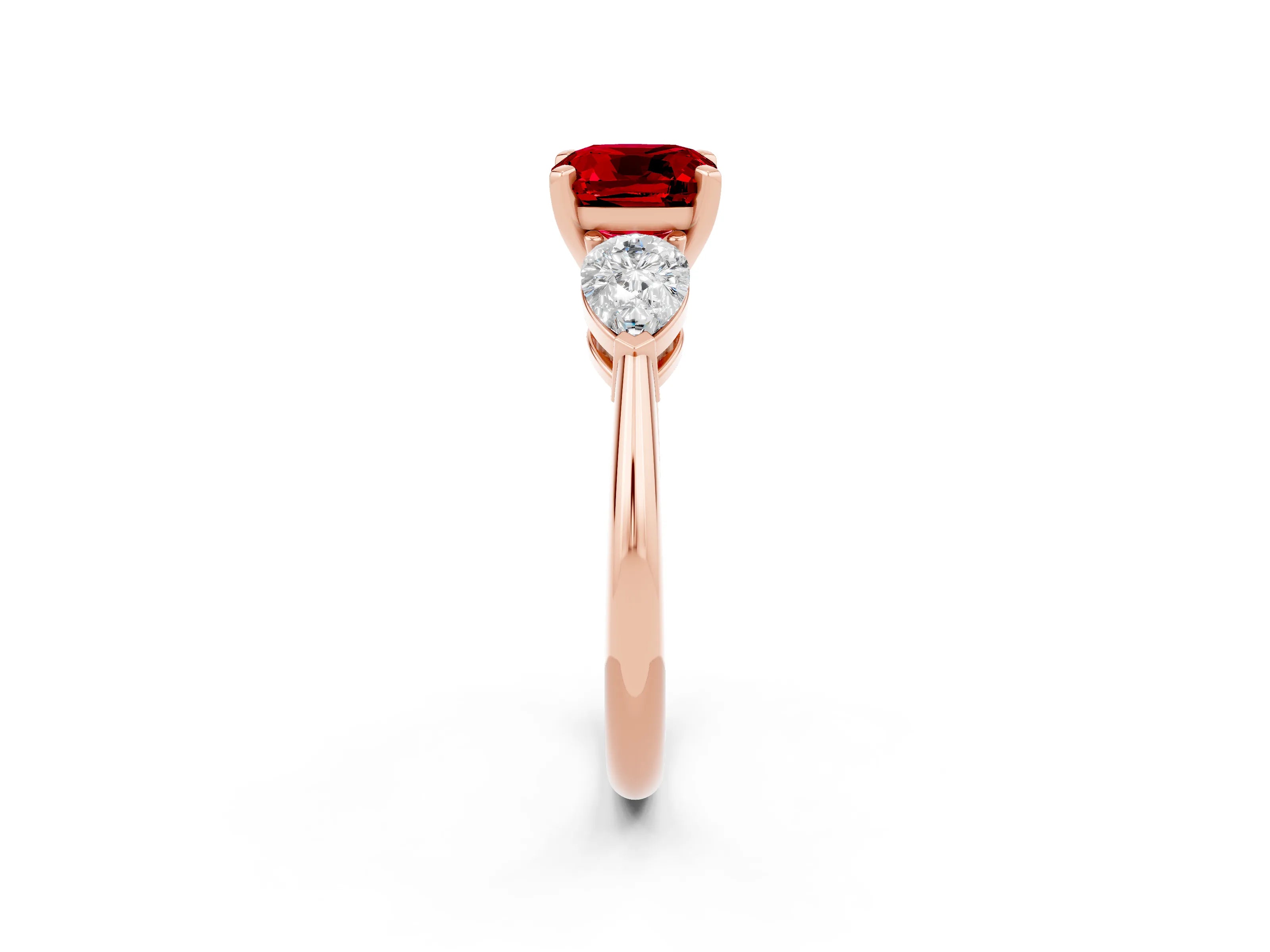 Rose gold Three-Stone Cushion Cut Ruby Ring with Pear Side Stones and Four-Prong Setting_2