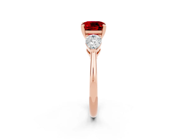 Rose gold Three-Stone Cushion Cut Ruby Ring with Pear Side Stones and Four-Prong Setting