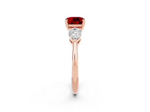 Rose gold Three-Stone Cushion Cut Ruby Ring with Pear Side Stones and Four-Prong Setting_2