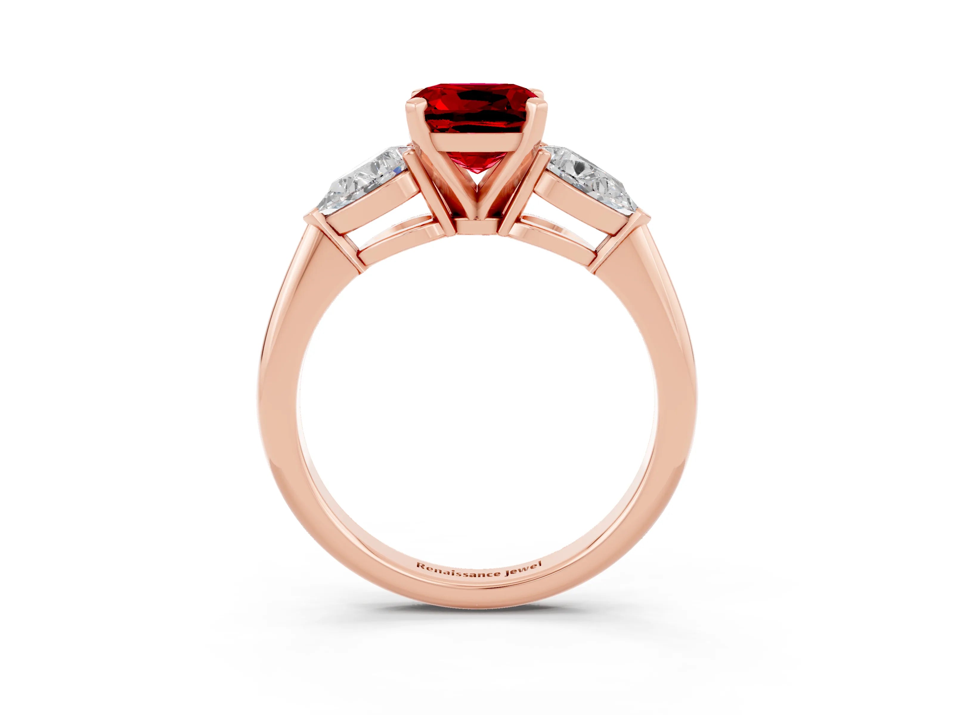 Rose gold Three-Stone Cushion Cut Ruby Ring with Pear Side Stones and Four-Prong Setting_3