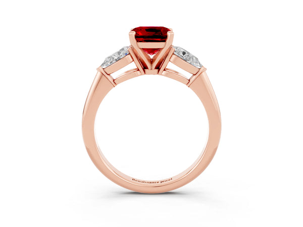 Rose gold Three-Stone Cushion Cut Ruby Ring with Pear Side Stones and Four-Prong Setting