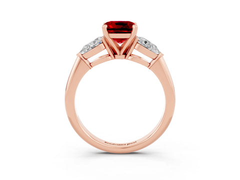 Rose gold Three-Stone Cushion Cut Ruby Ring with Pear Side Stones and Four-Prong Setting_3