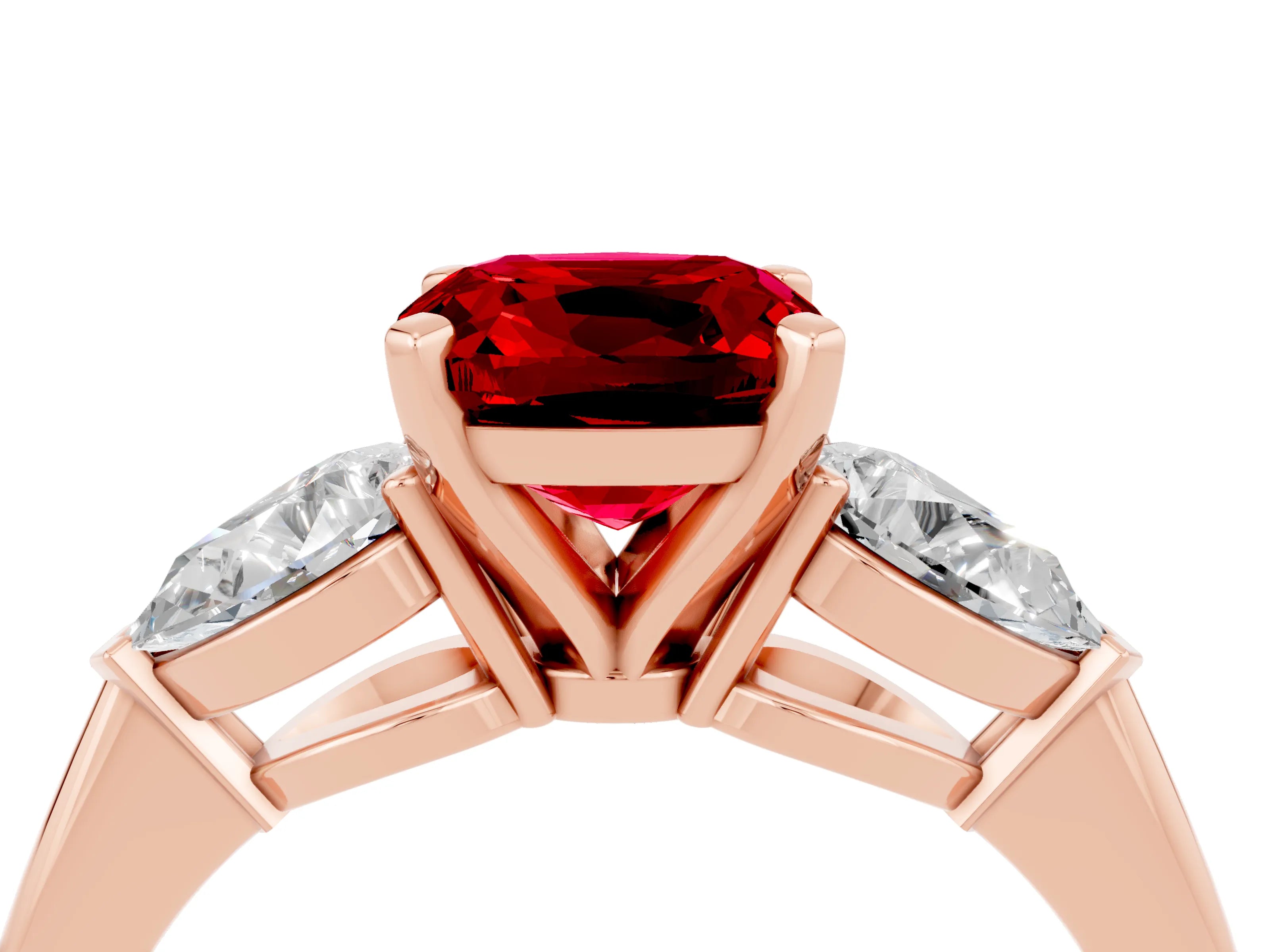 Rose gold Three-Stone Cushion Cut Ruby Ring with Pear Side Stones and Four-Prong Setting_4