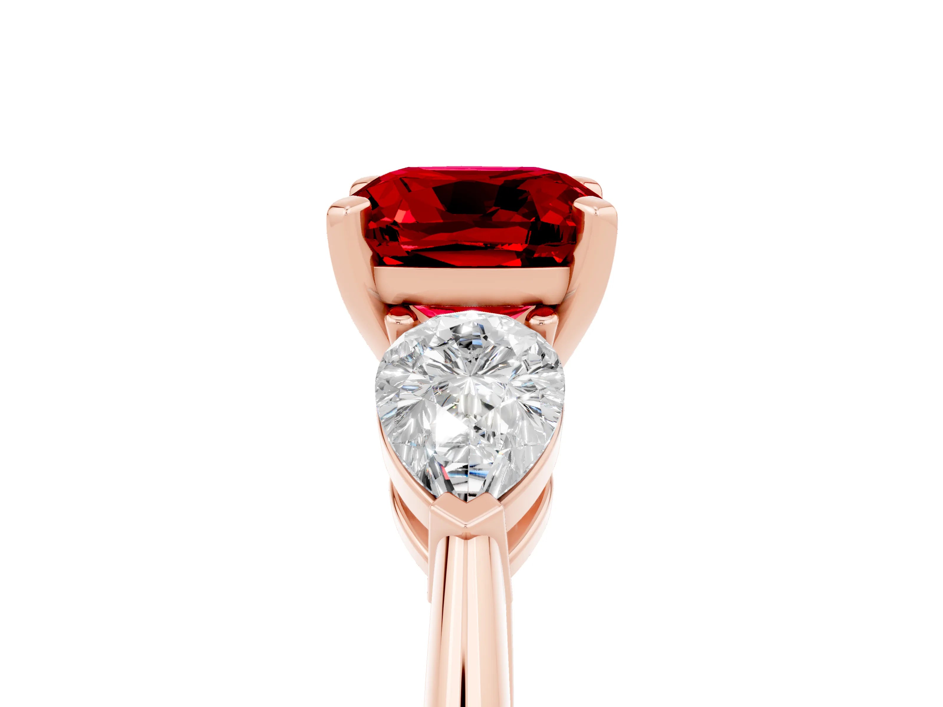 Rose gold Three-Stone Cushion Cut Ruby Ring with Pear Side Stones and Four-Prong Setting_5