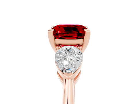 Rose gold Three-Stone Cushion Cut Ruby Ring with Pear Side Stones and Four-Prong Setting_5