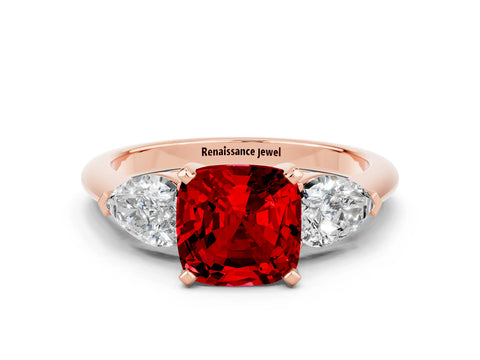 Rose gold Three-Stone Cushion Cut Ruby Ring with Pear Side Stones and Four-Prong Setting