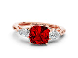 Rose gold Three-Stone Cushion Cut Ruby Ring with Pear  Side Stones in Four-Prong Setting_12