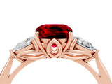 Rose gold Three-Stone Cushion Cut Ruby Ring with Pear  Side Stones in Four-Prong Setting_16