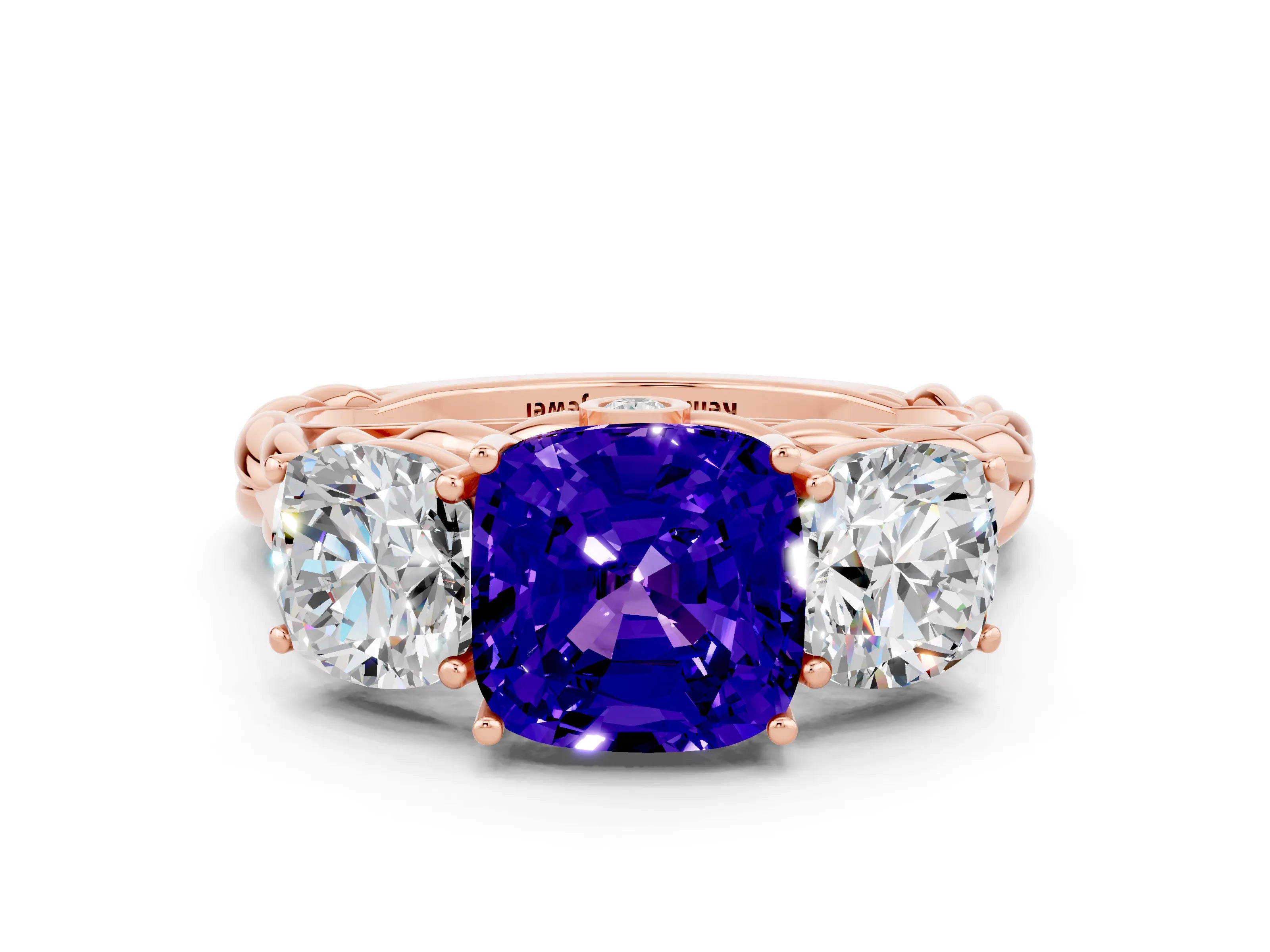 Rose gold Three-Stone Cushion Cut Tanzanite Braided Band Ring with Four-Prong Setting_12