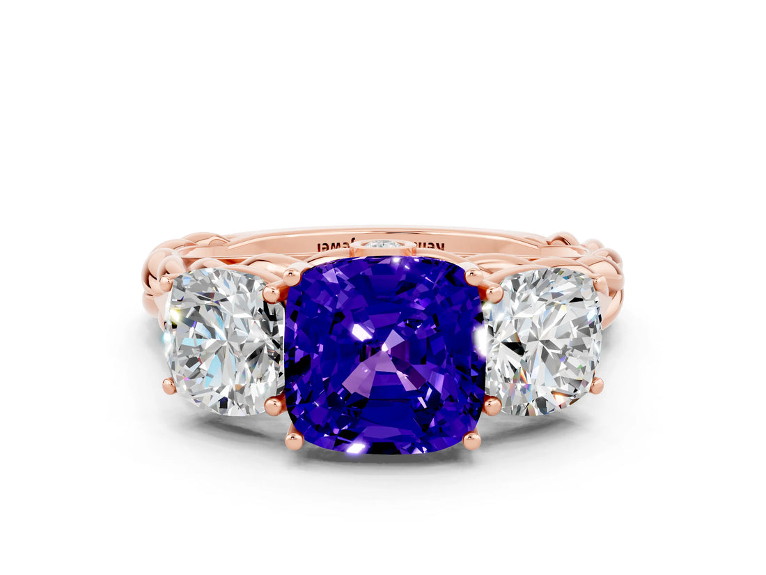 Rose gold Three-Stone Cushion Cut Tanzanite Braided Band Ring with Four-Prong Setting_12