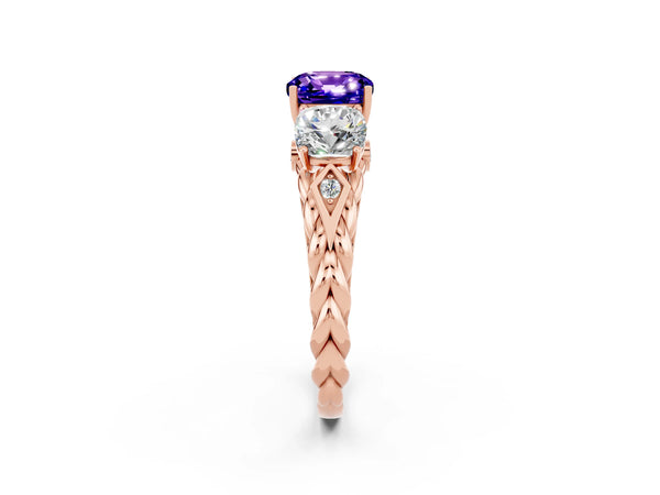 Rose gold Three-Stone Cushion Cut Tanzanite Braided Band Ring with Four-Prong Setting