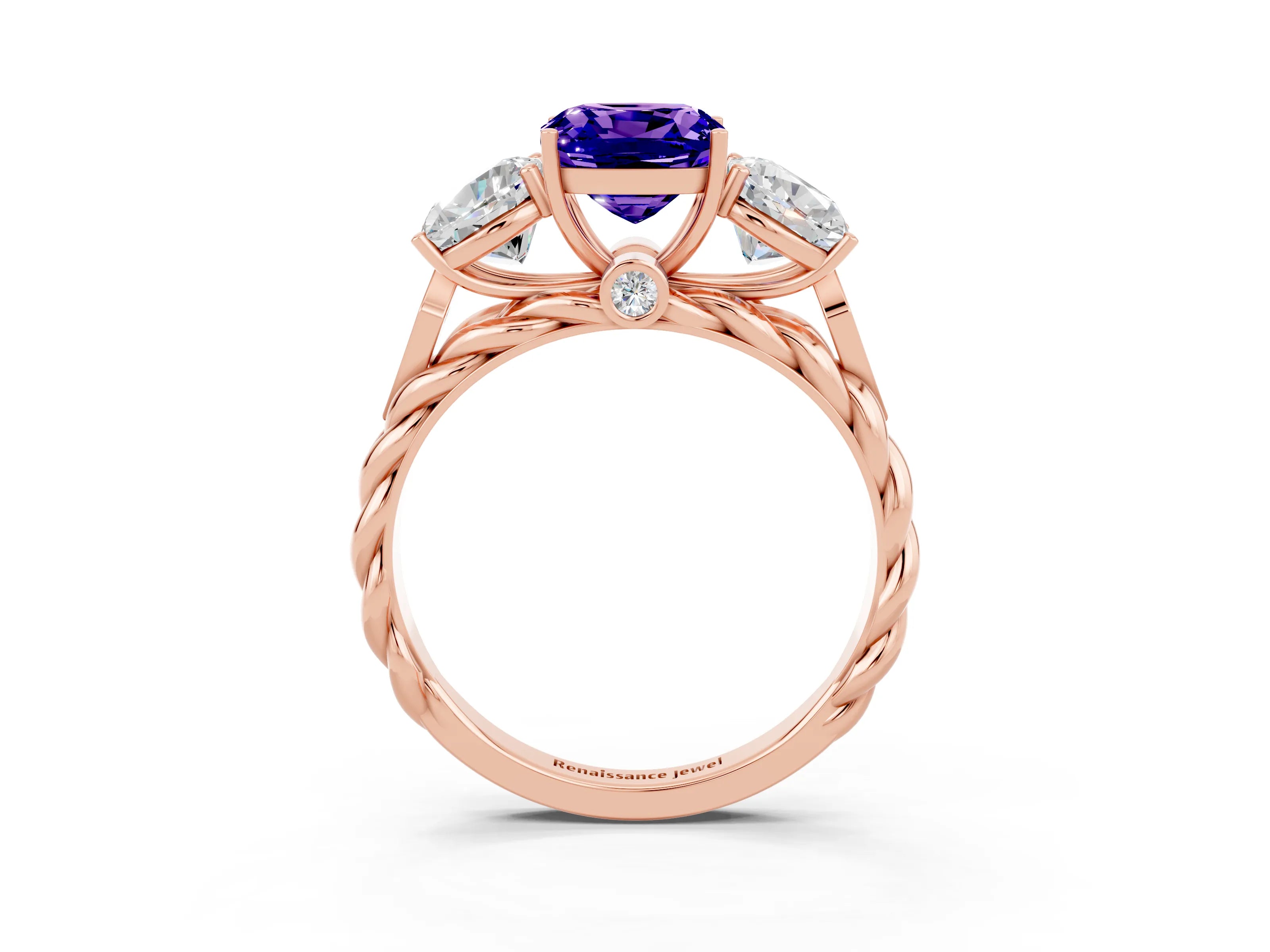 Rose gold Three-Stone Cushion Cut Tanzanite Braided Band Ring with Four-Prong Setting_15
