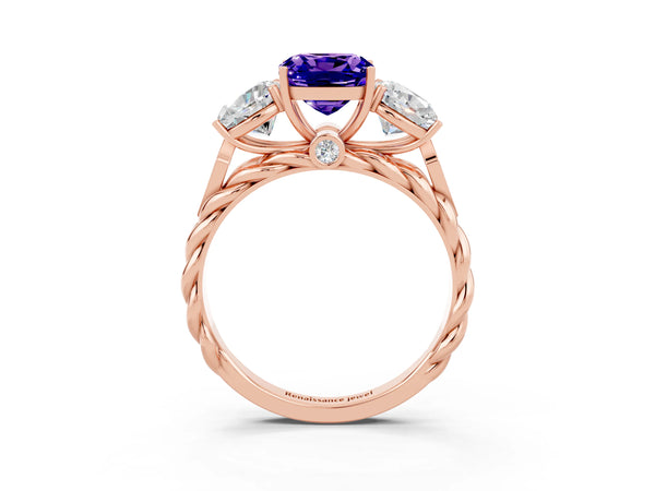 Rose gold Three-Stone Cushion Cut Tanzanite Braided Band Ring with Four-Prong Setting