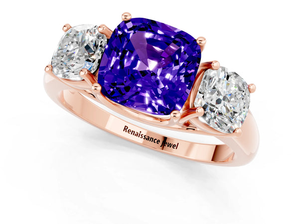 Rose gold Three-Stone Cushion Cut Tanzanite Engagement Ring with Prong Setting