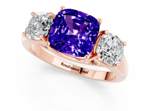 Rose gold Three-Stone Cushion Cut Tanzanite Engagement Ring with Prong Setting_1