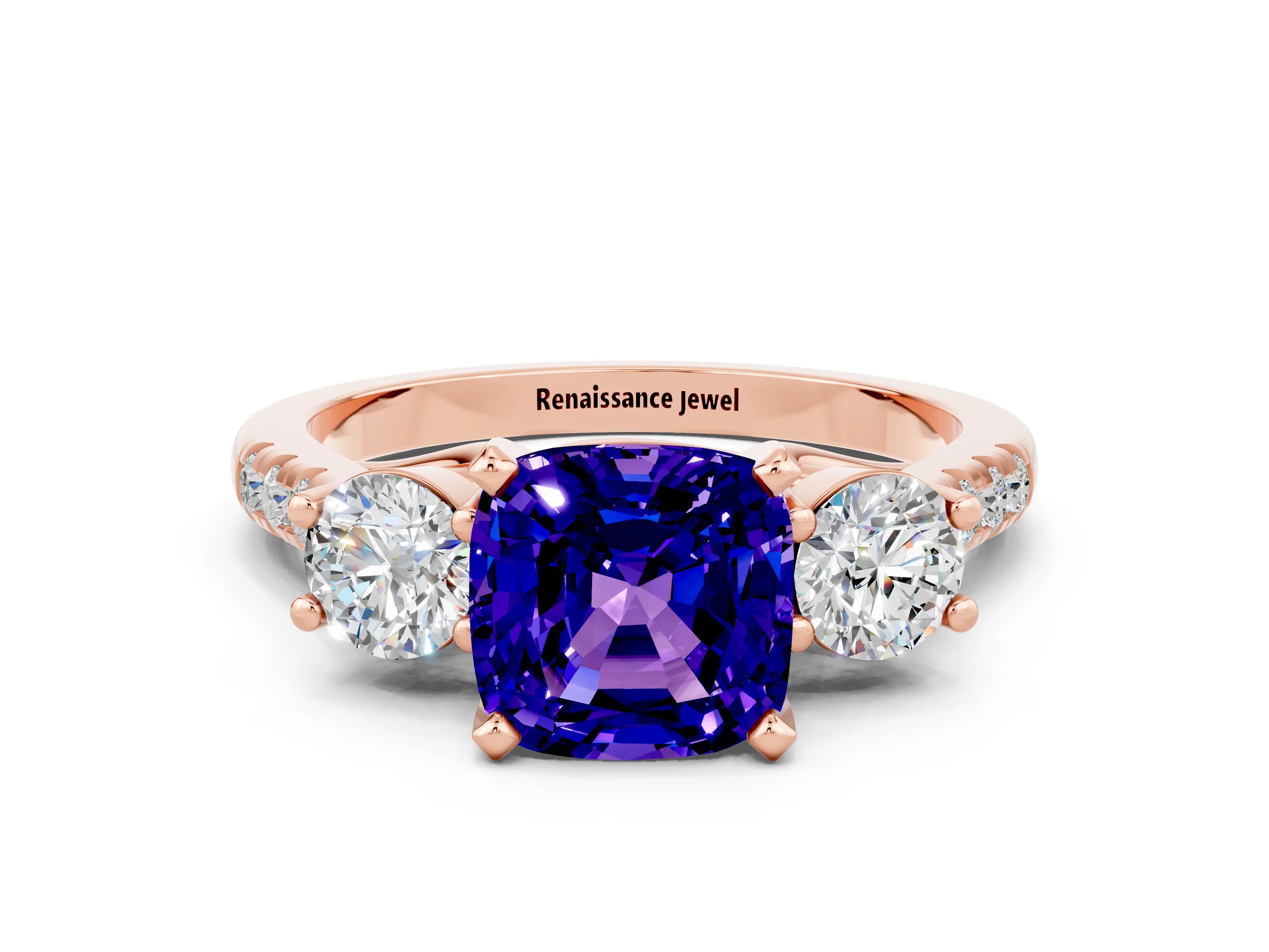 Rose gold Three-Stone Cushion Cut Tanzanite Pavé Band with Four-Prong Setting