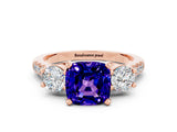 Rose gold Three-Stone Cushion Cut Tanzanite Pavé Band with Four-Prong Setting