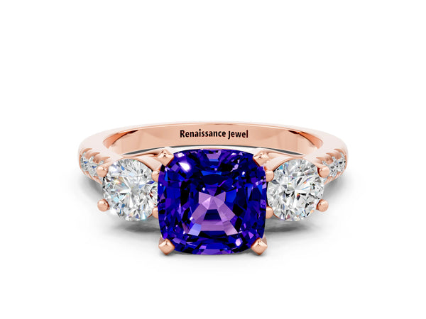 Rose gold Three-Stone Cushion Cut Tanzanite Pavé Band with Four-Prong Setting