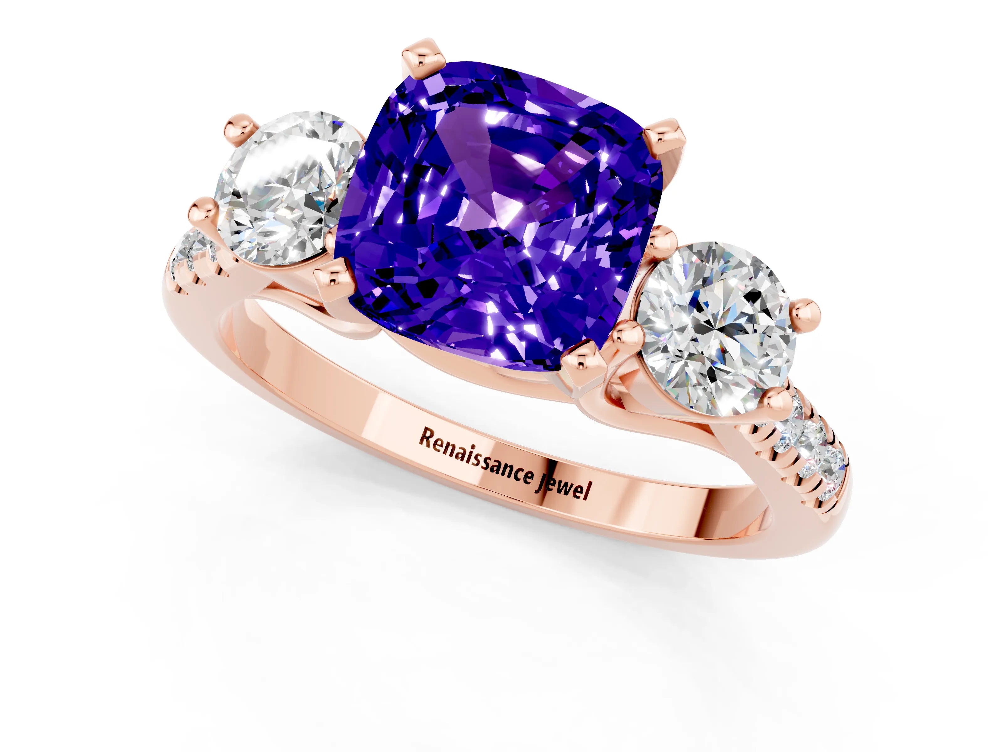 Rose gold Three-Stone Cushion Cut Tanzanite Pavé Band with Four-Prong Setting_1