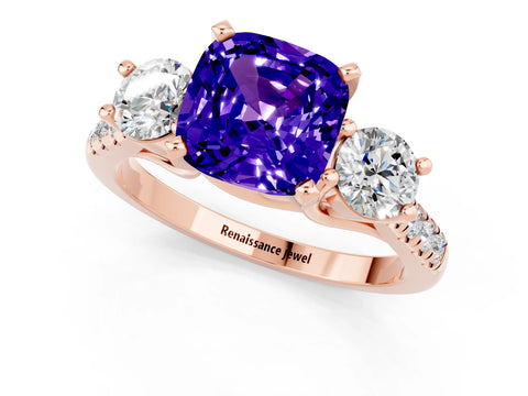 Rose gold Three-Stone Cushion Cut Tanzanite Pavé Band with Four-Prong Setting_1