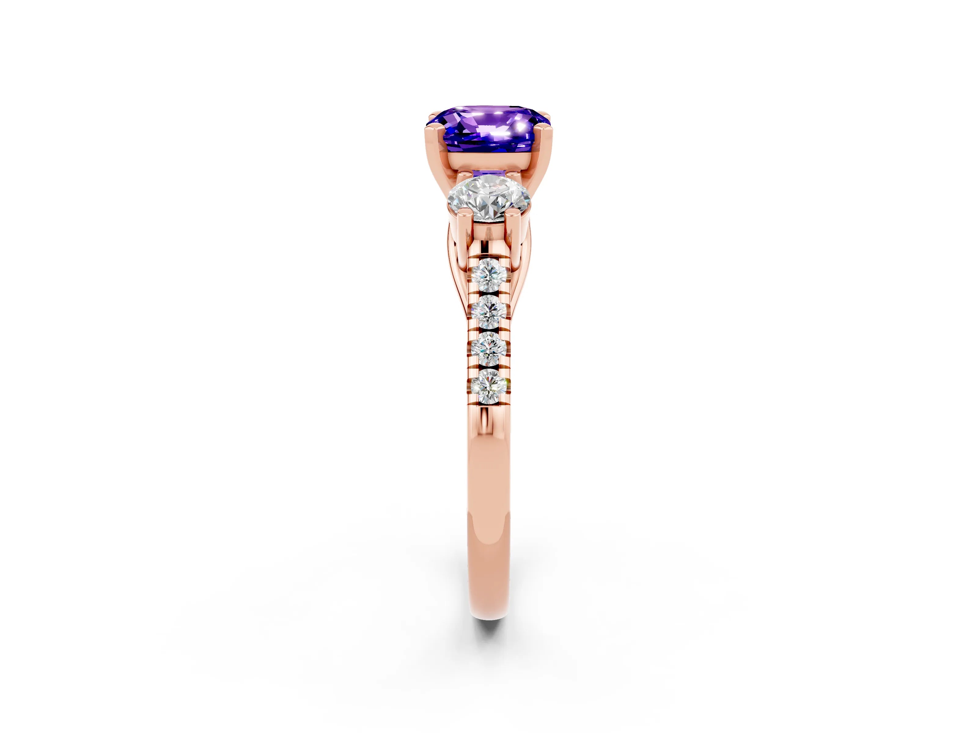 Rose gold Three-Stone Cushion Cut Tanzanite Pavé Band with Four-Prong Setting_2