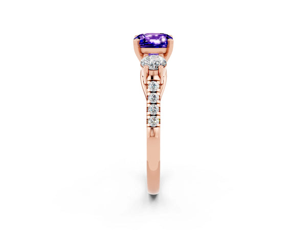 Rose gold Three-Stone Cushion Cut Tanzanite Pavé Band with Four-Prong Setting