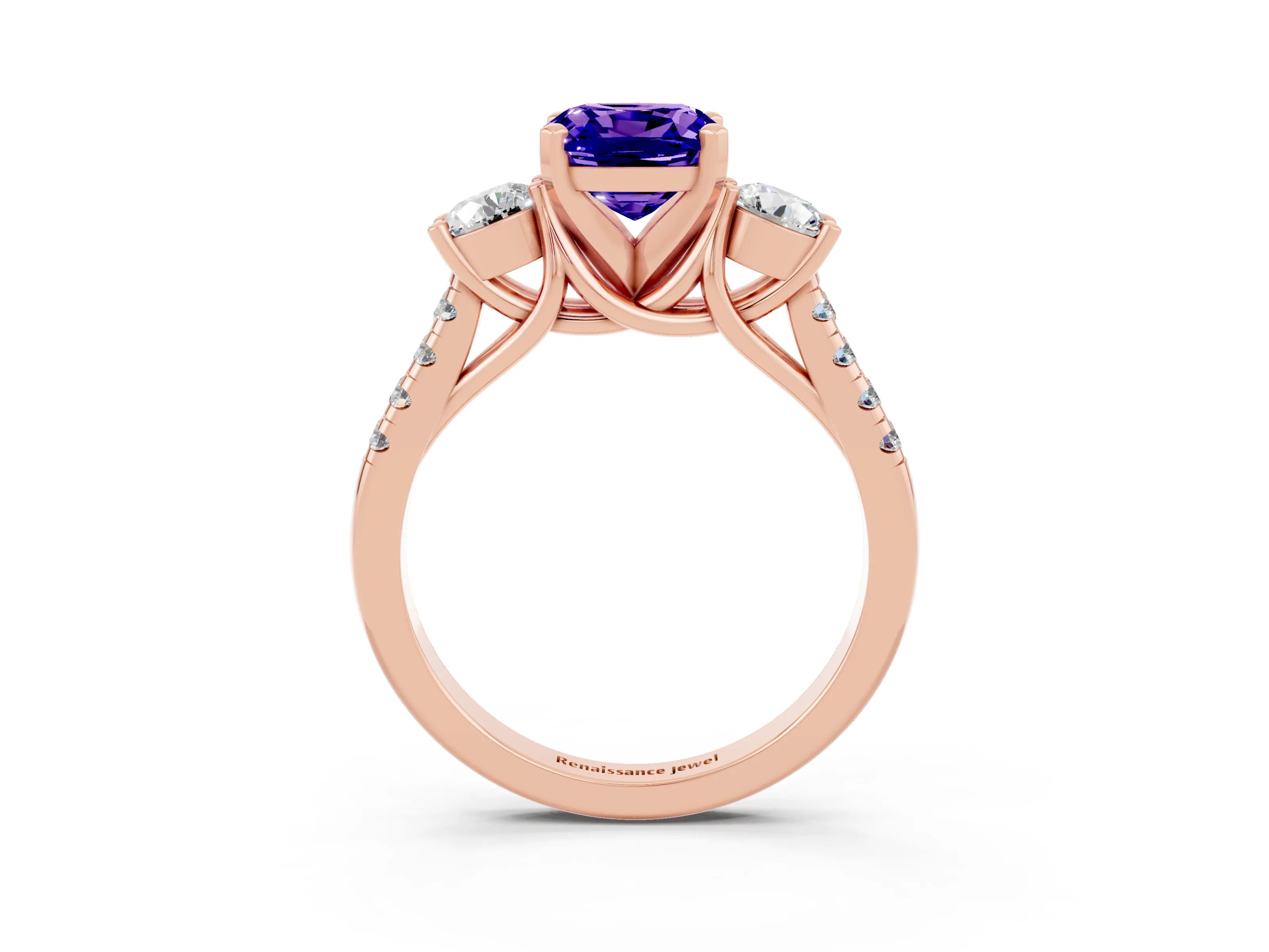 Rose gold Three-Stone Cushion Cut Tanzanite Pavé Band with Four-Prong Setting_3
