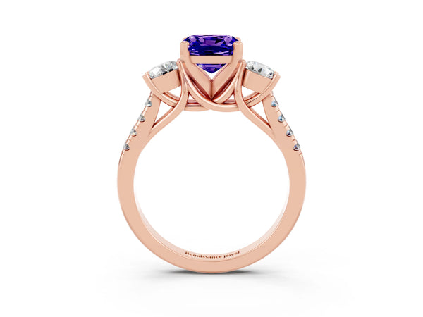 Rose gold Three-Stone Cushion Cut Tanzanite Pavé Band with Four-Prong Setting