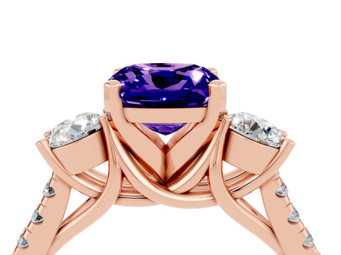 Rose gold Three-Stone Cushion Cut Tanzanite Pavé Band with Four-Prong Setting_4