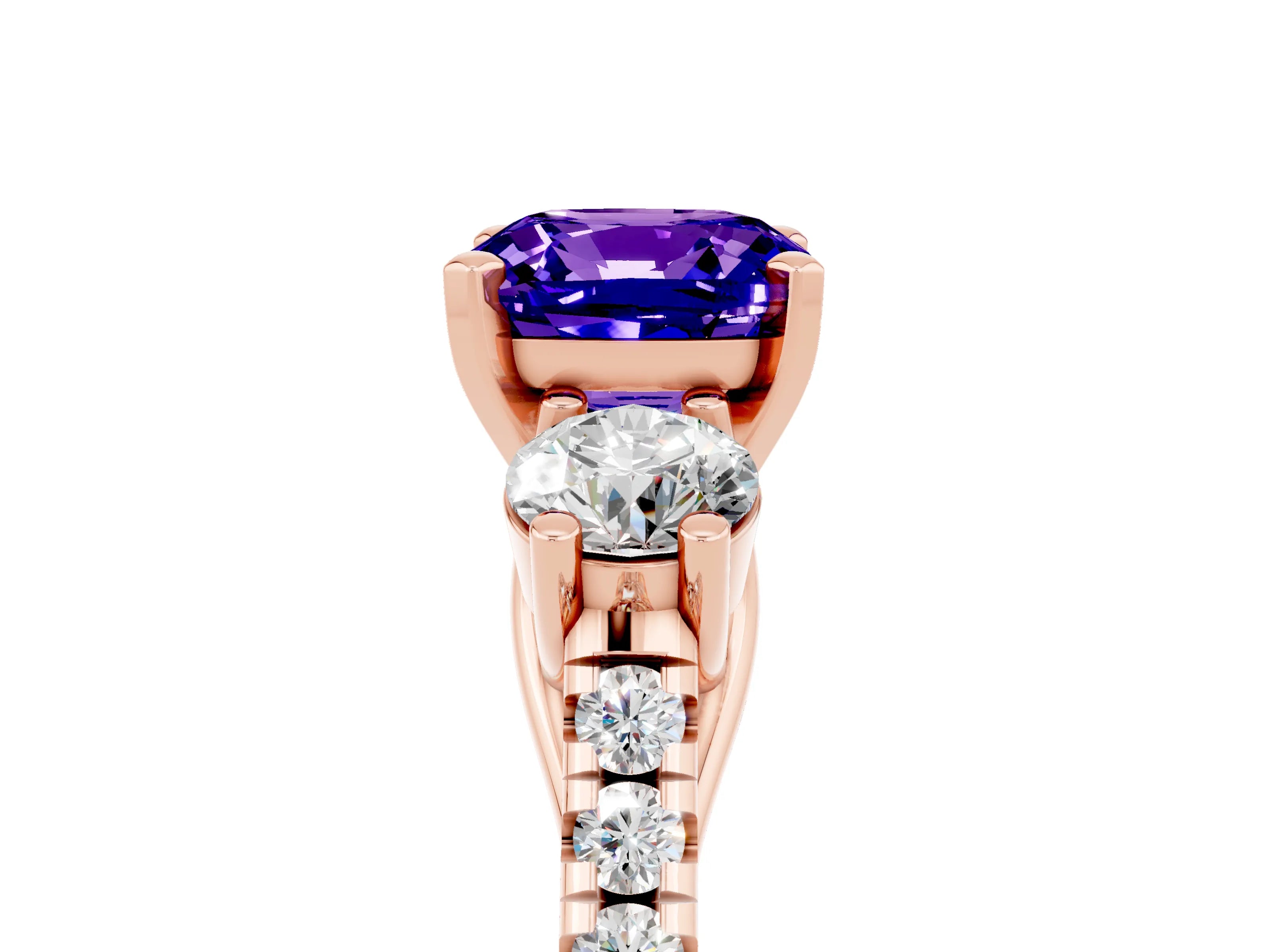 Rose gold Three-Stone Cushion Cut Tanzanite Pavé Band with Four-Prong Setting_5