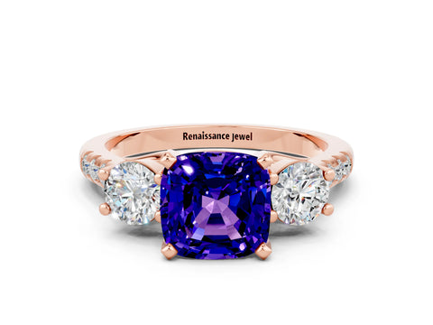Rose gold Three-Stone Cushion Cut Tanzanite Pavé Band with Four-Prong Setting