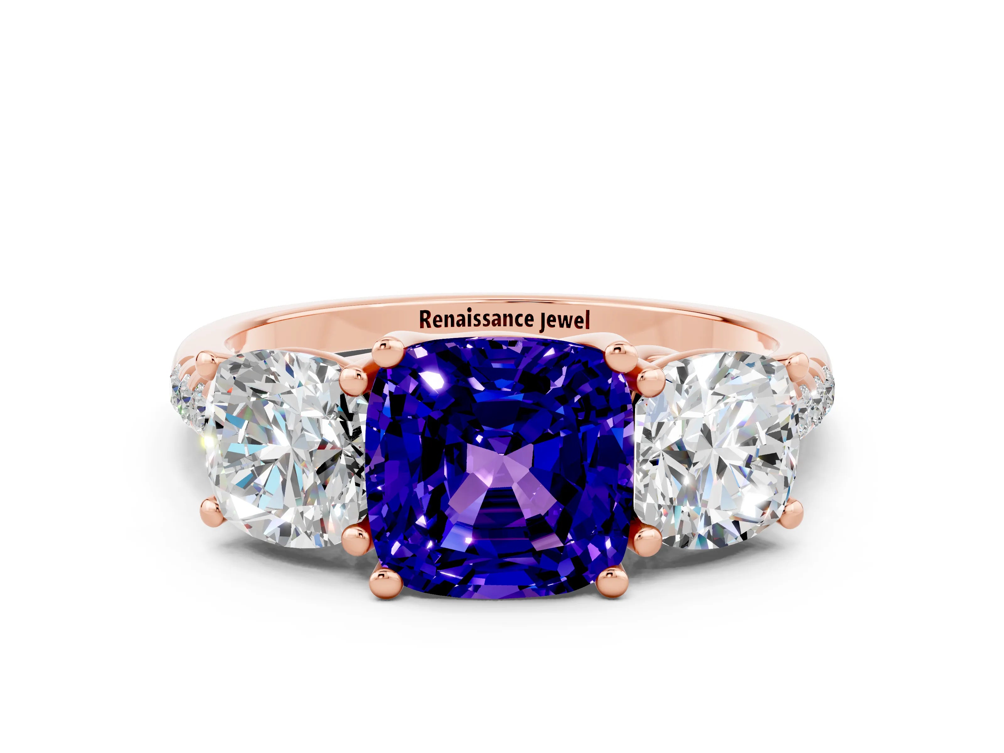Rose gold Three-Stone Cushion Cut Tanzanite Ring with Pavé Band and Prong Setting_12