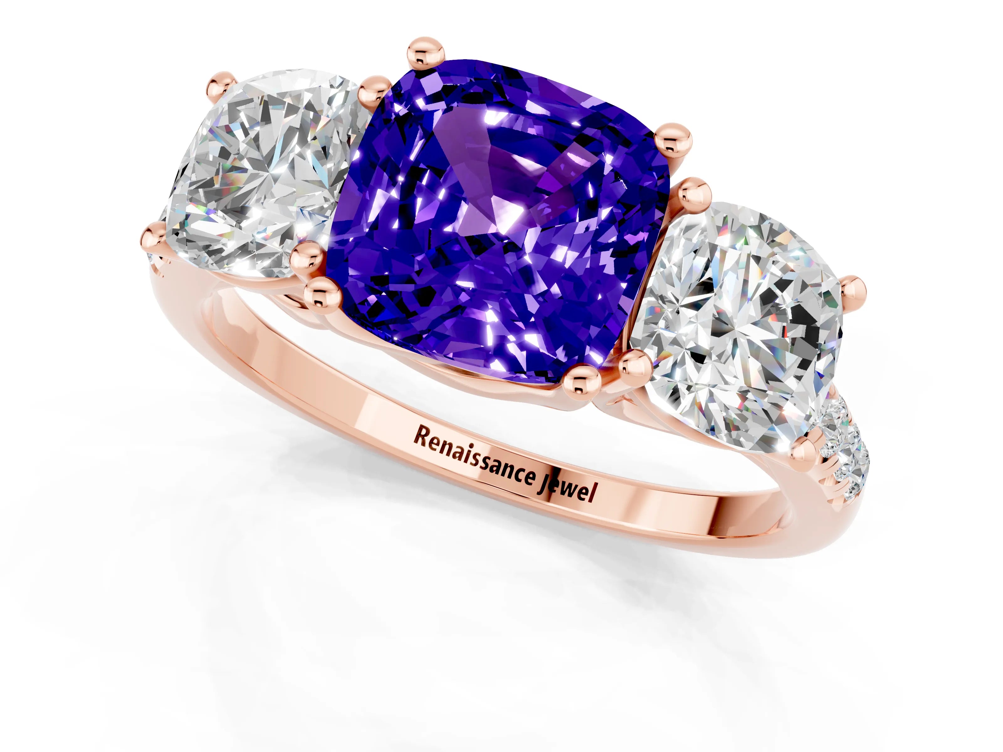 Rose gold Three-Stone Cushion Cut Tanzanite Ring with Pavé Band and Prong Setting_13