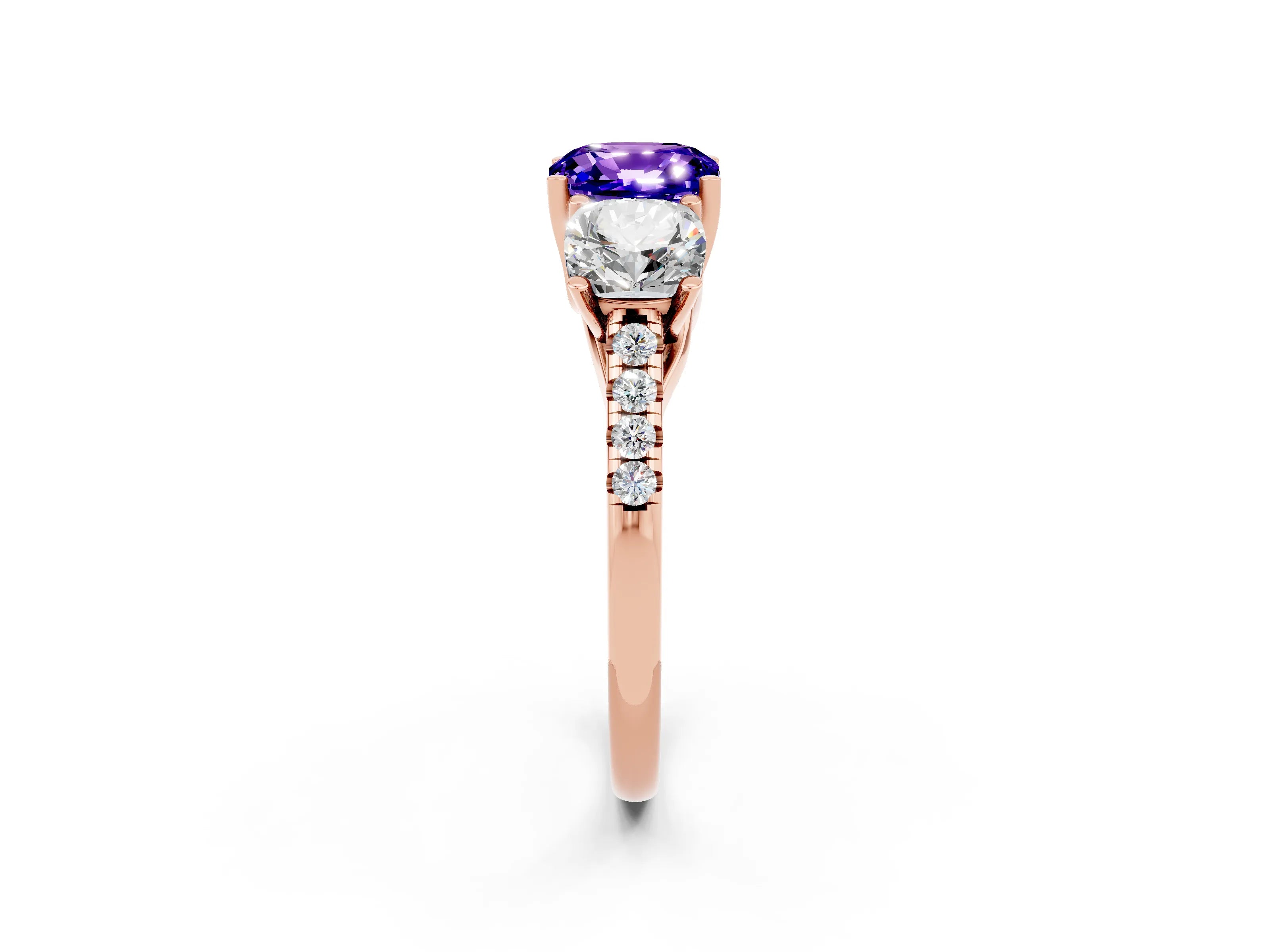 Rose gold Three-Stone Cushion Cut Tanzanite Ring with Pavé Band and Prong Setting_14